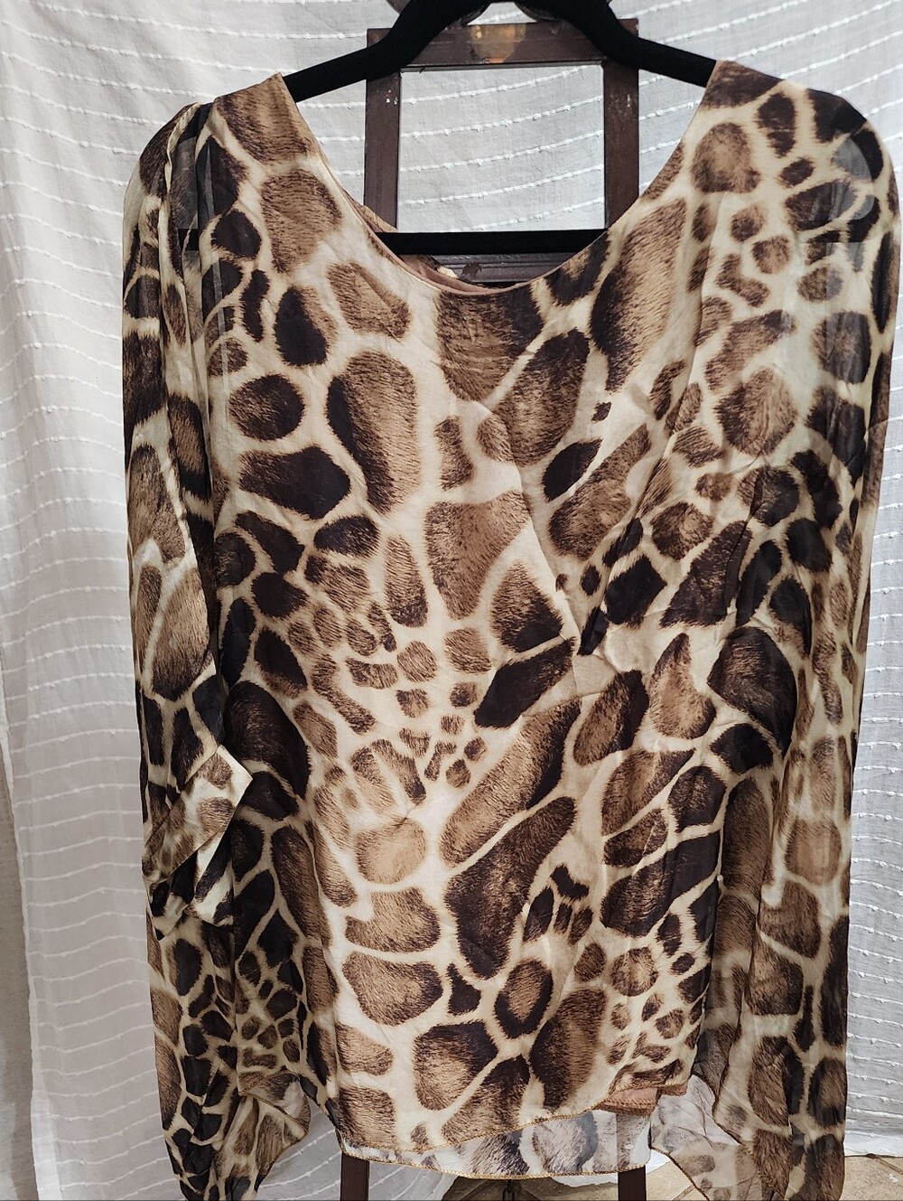 Silk Giraffe Brown Cream Animal Print Sheer Blouse Drapey Fit Made In Italy